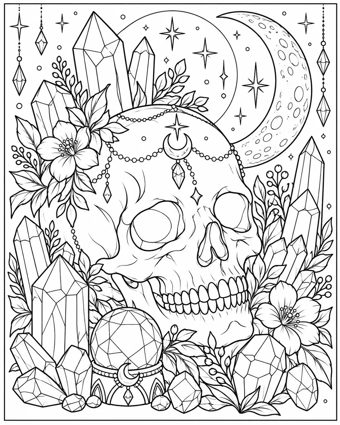 Crystal skull coloring page with moon and crystals for adults