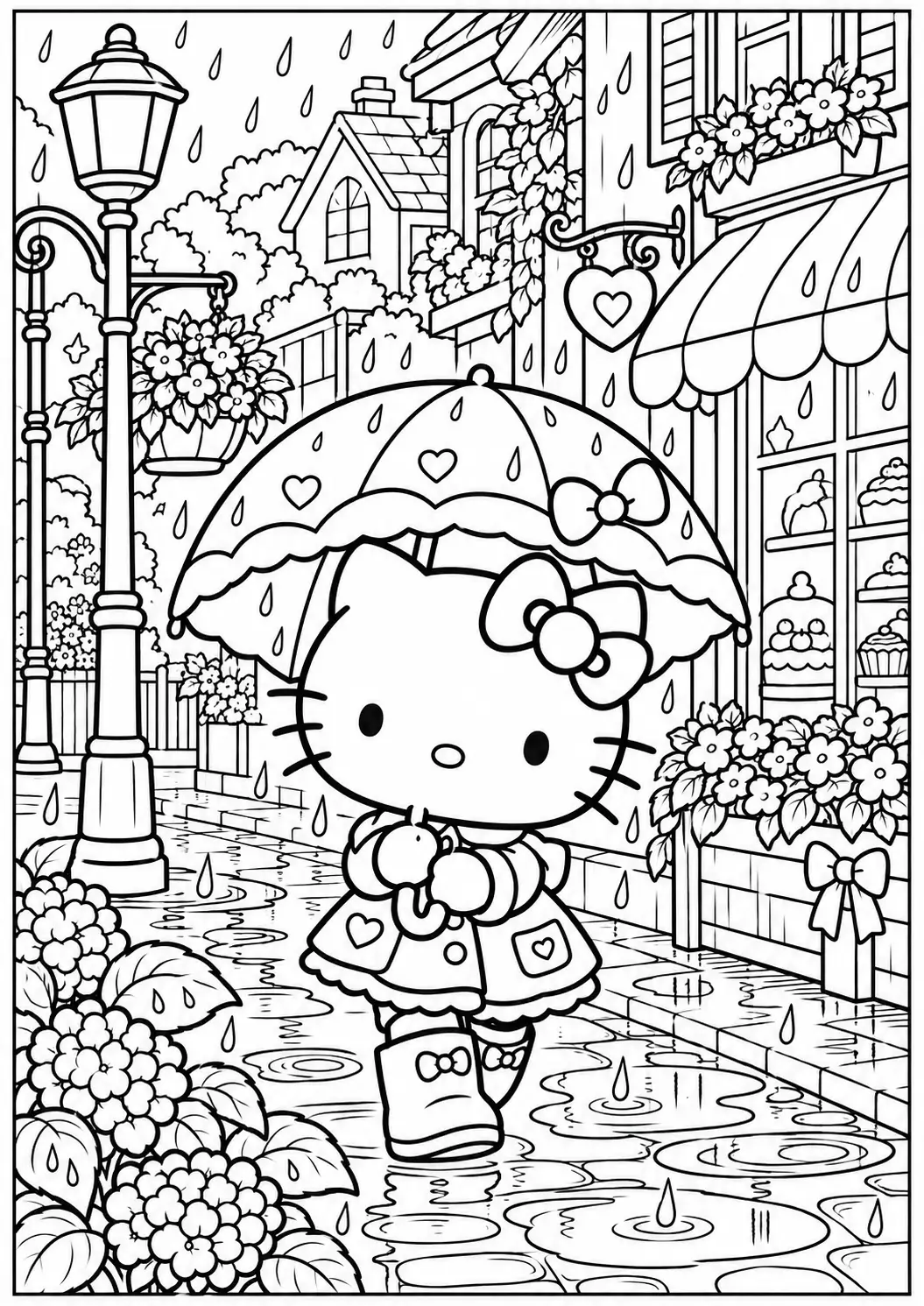 Hello Kitty rainy day coloring page for adults