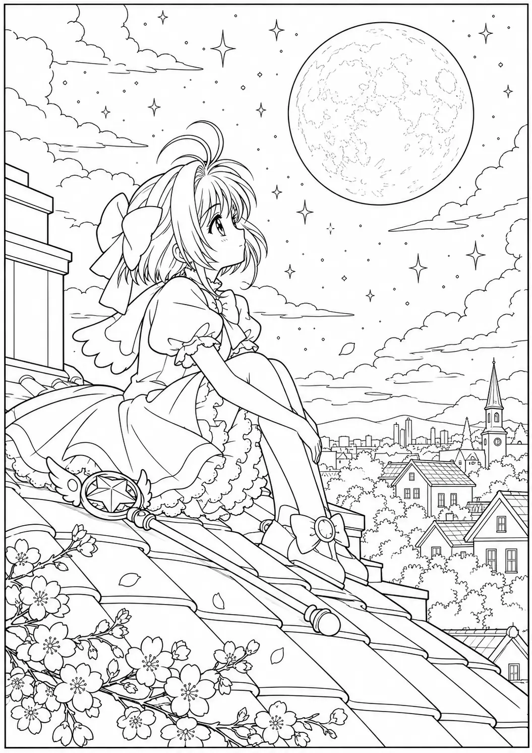 Sakura sitting on a rooftop beneath a large full moon and starry sky
