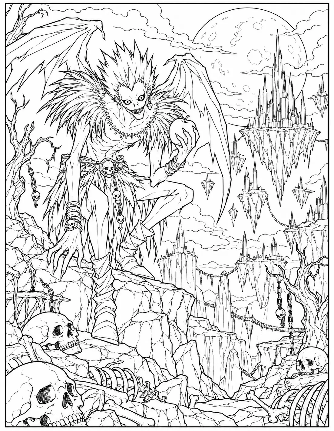 Ryuk in the Shinigami world with rocks and bones coloring page