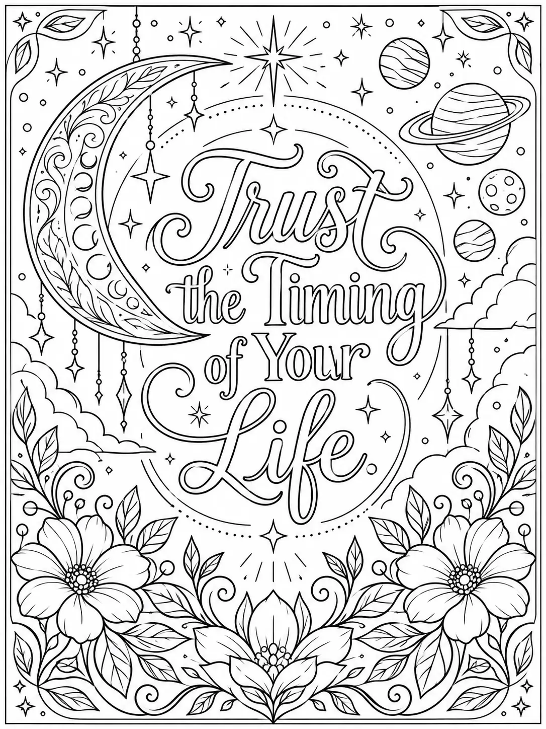 Trust the Timing of Your Life quote coloring page with a crescent moon, stars, planets, and flowers