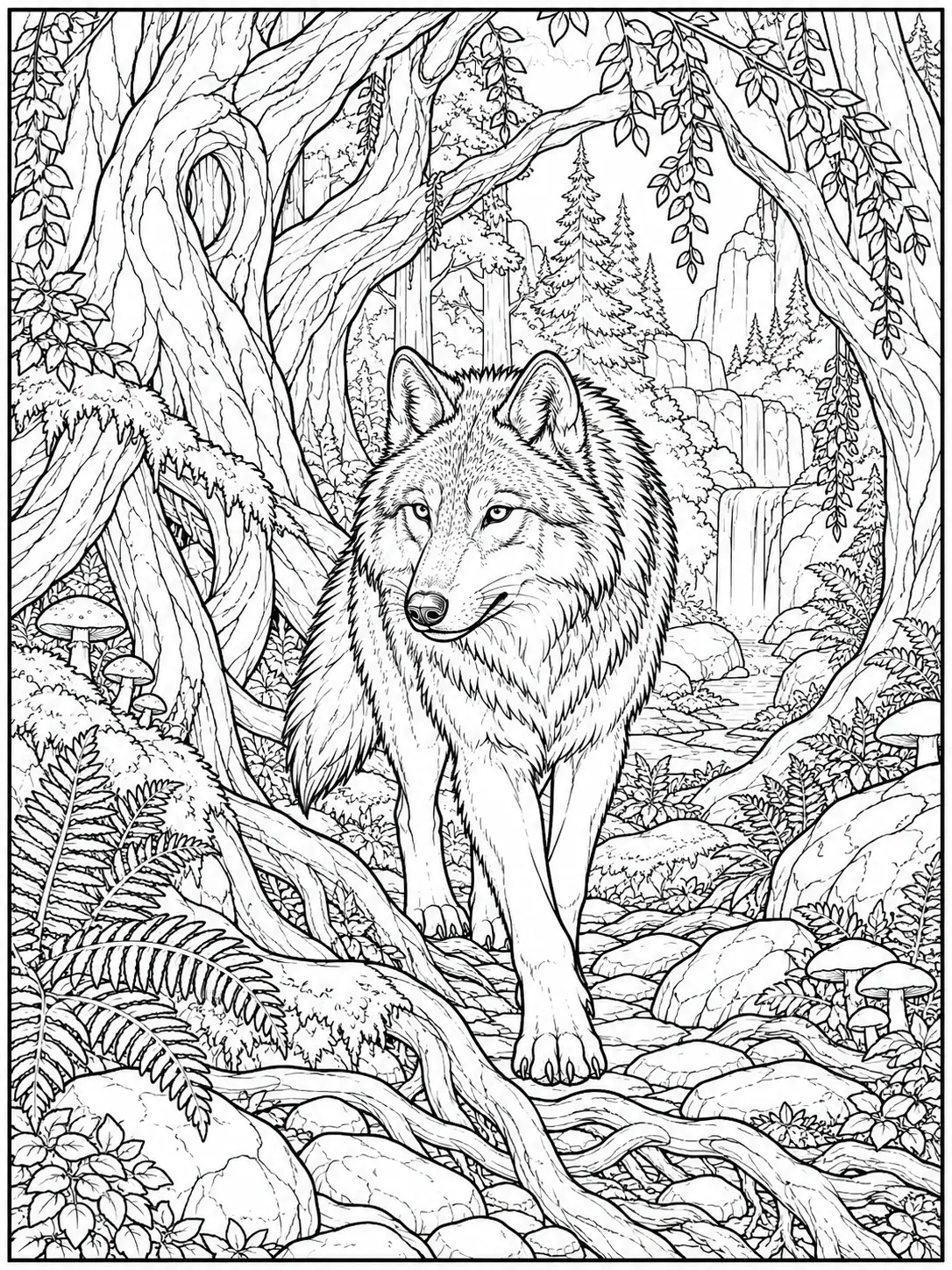 Wolf walking through an ancient forest with twisted trees, ferns and waterfall coloring page