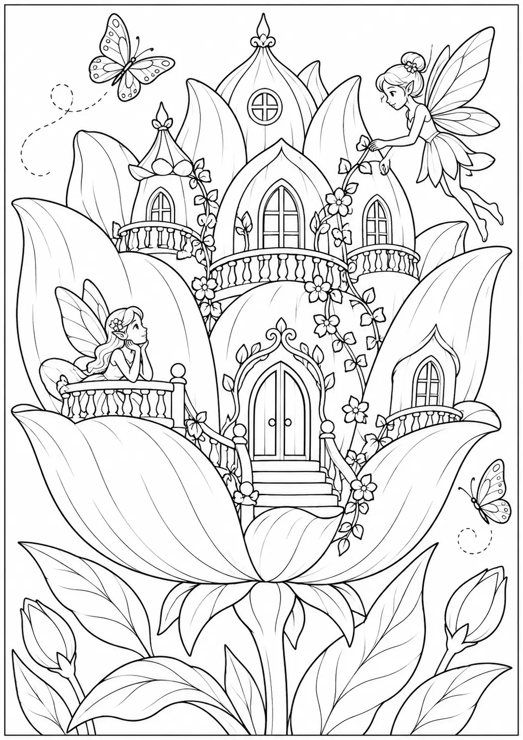 Fairy Palace in a Giant Flower coloring page for adults