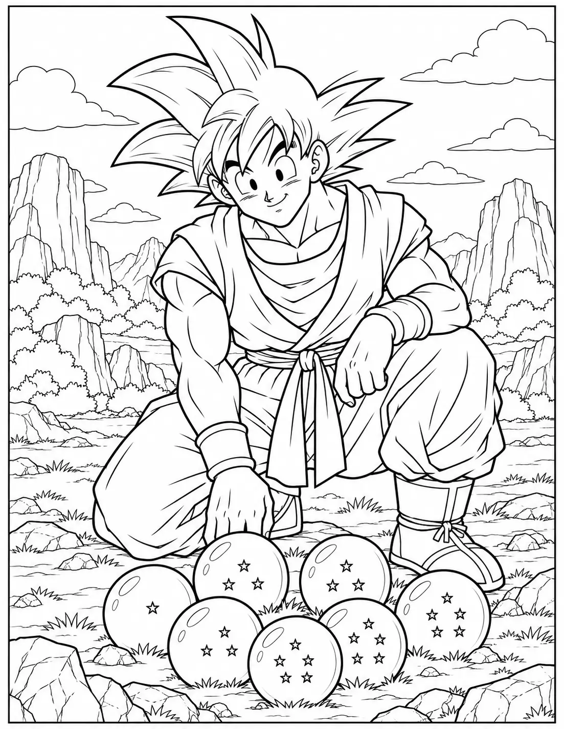 Goku kneeling beside the seven Dragon Balls coloring page