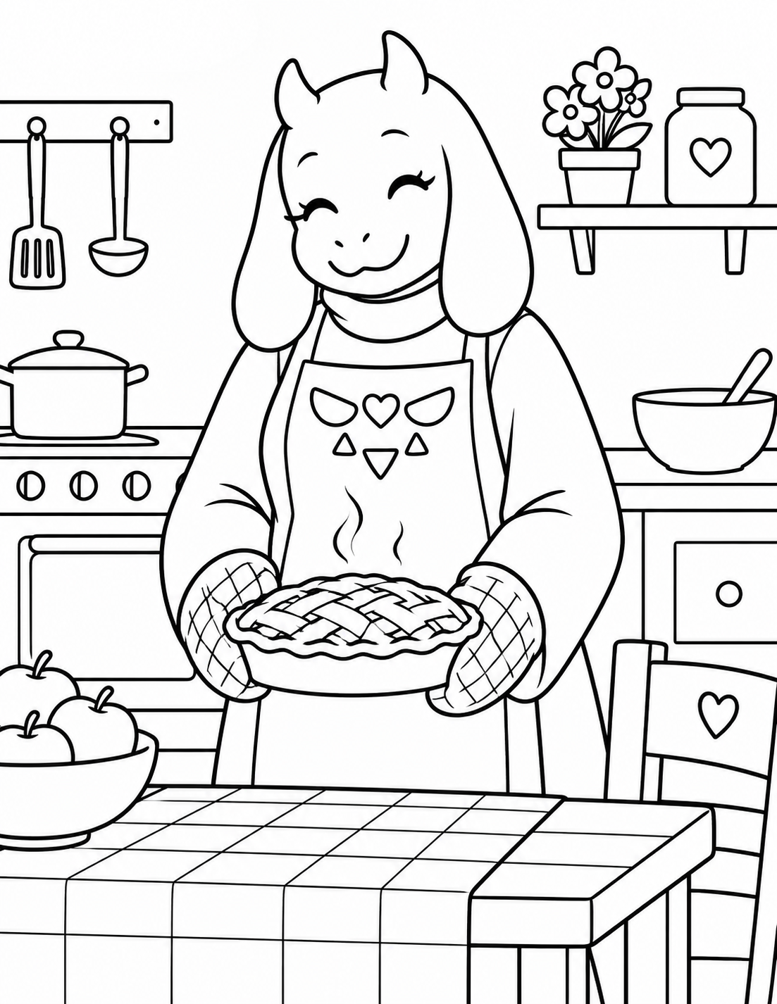 Toriel baking pie in an Undertale kitchen coloring scene