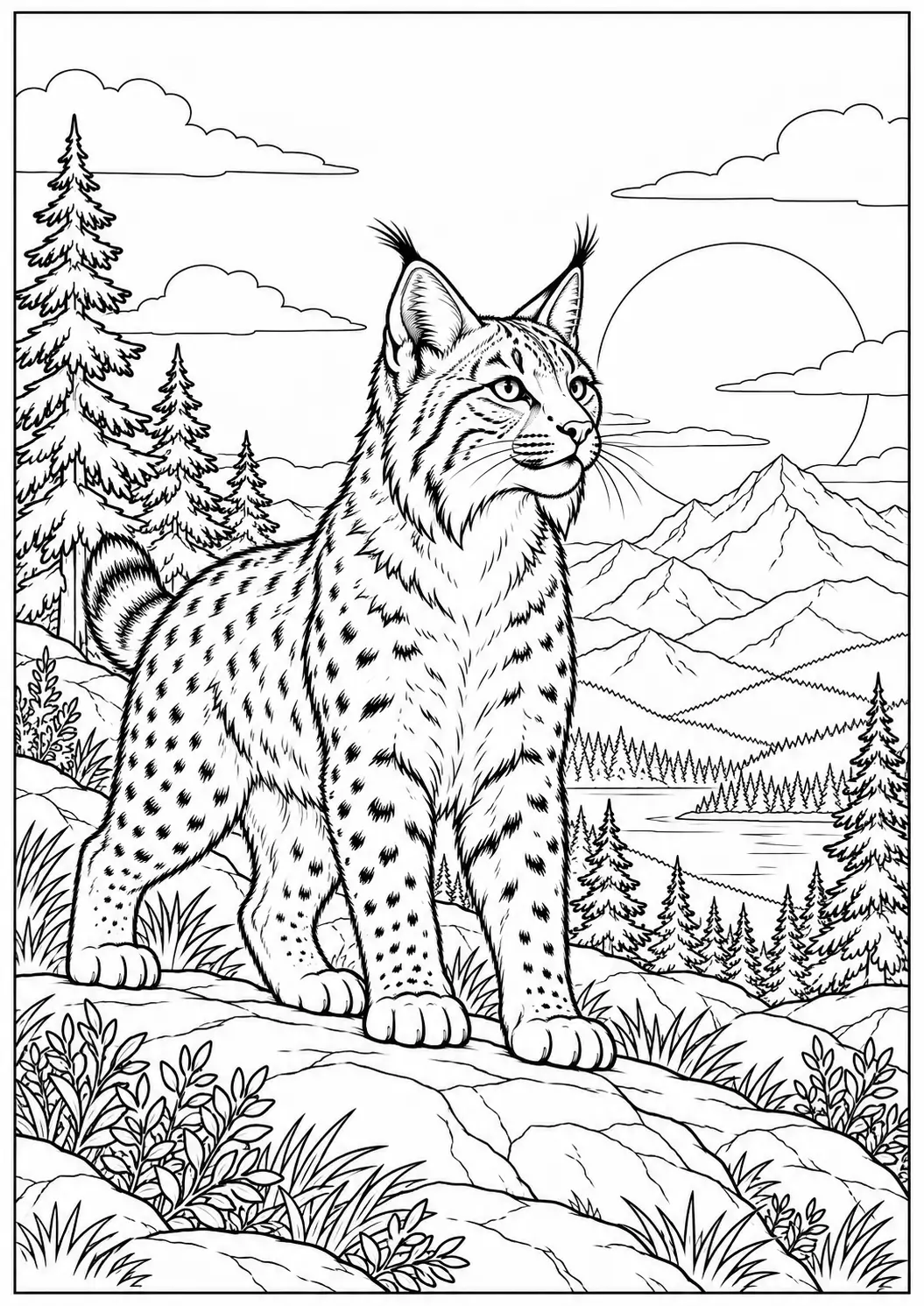 Bobcat standing in a mountain landscape at sunset coloring page