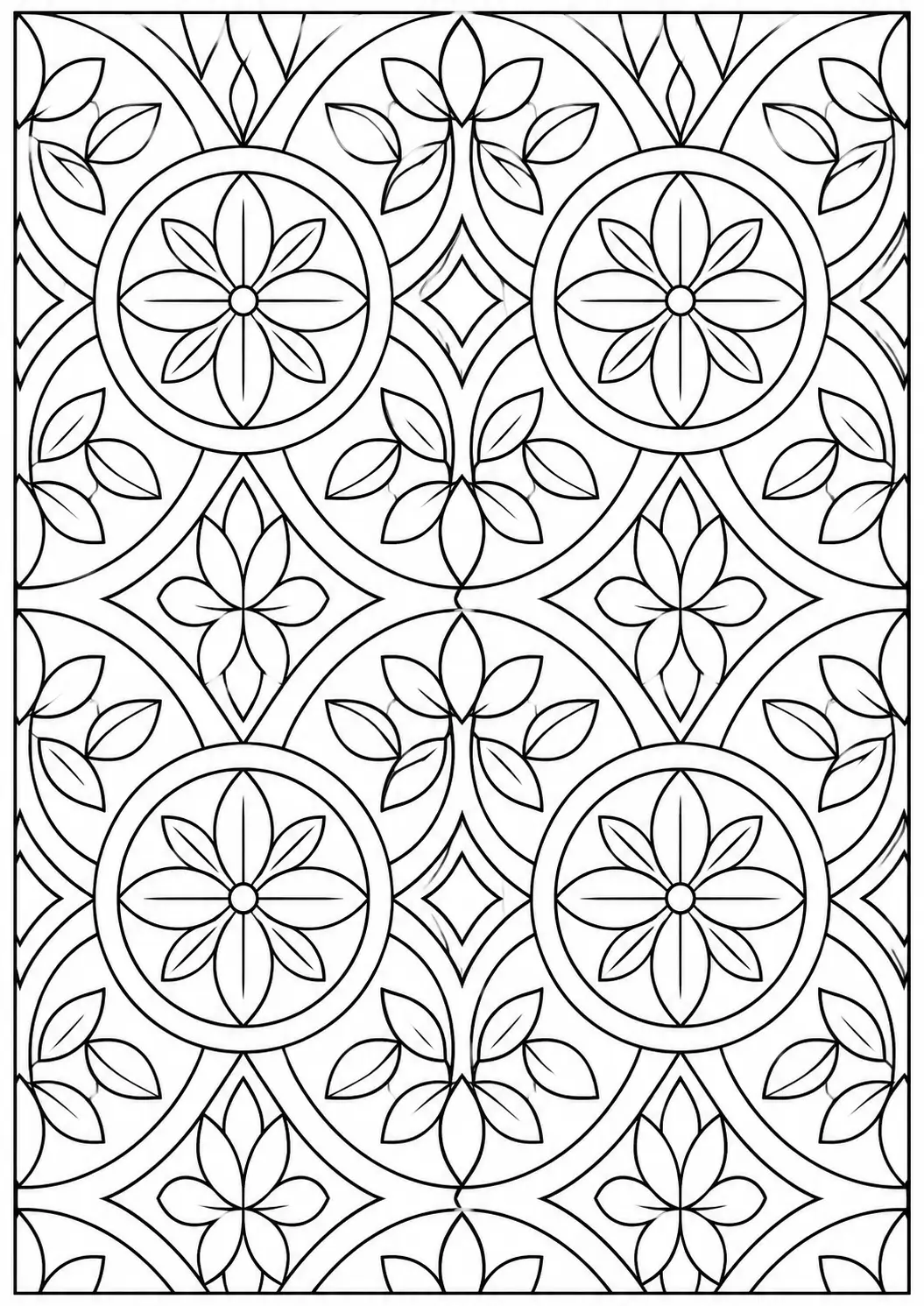 Easy geometric pattern coloring page for adults with floral circles and repeating shapes