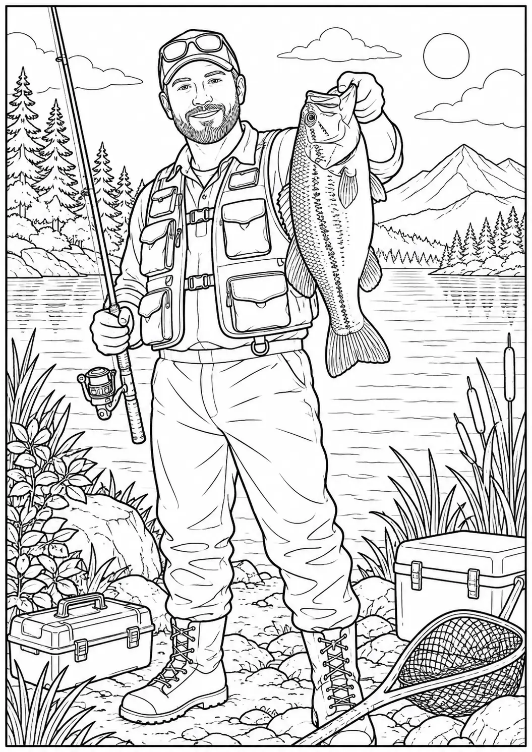 Angler holding a fresh catch by the lake coloring page for adults