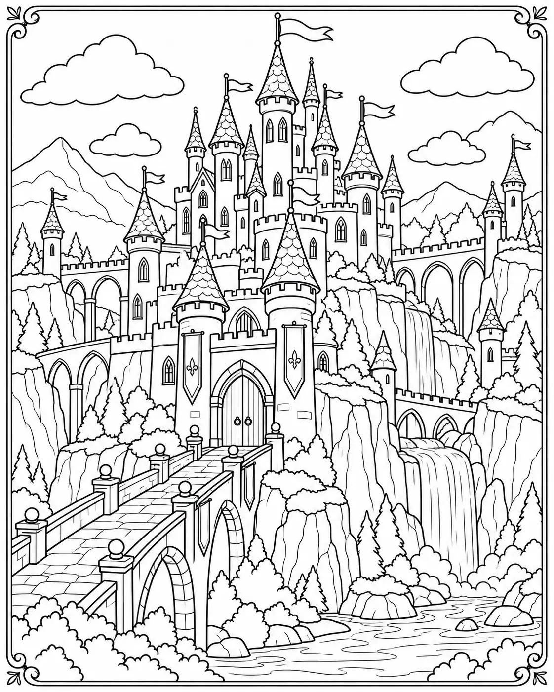 Giant fantasy castle with bridges, cliffs, towers and waterfalls coloring page