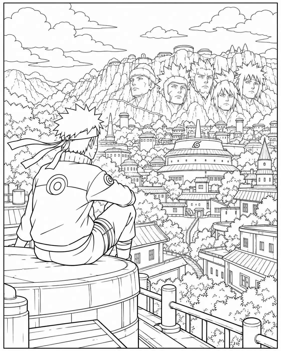 Naruto overlooking the Hidden Leaf Village coloring page