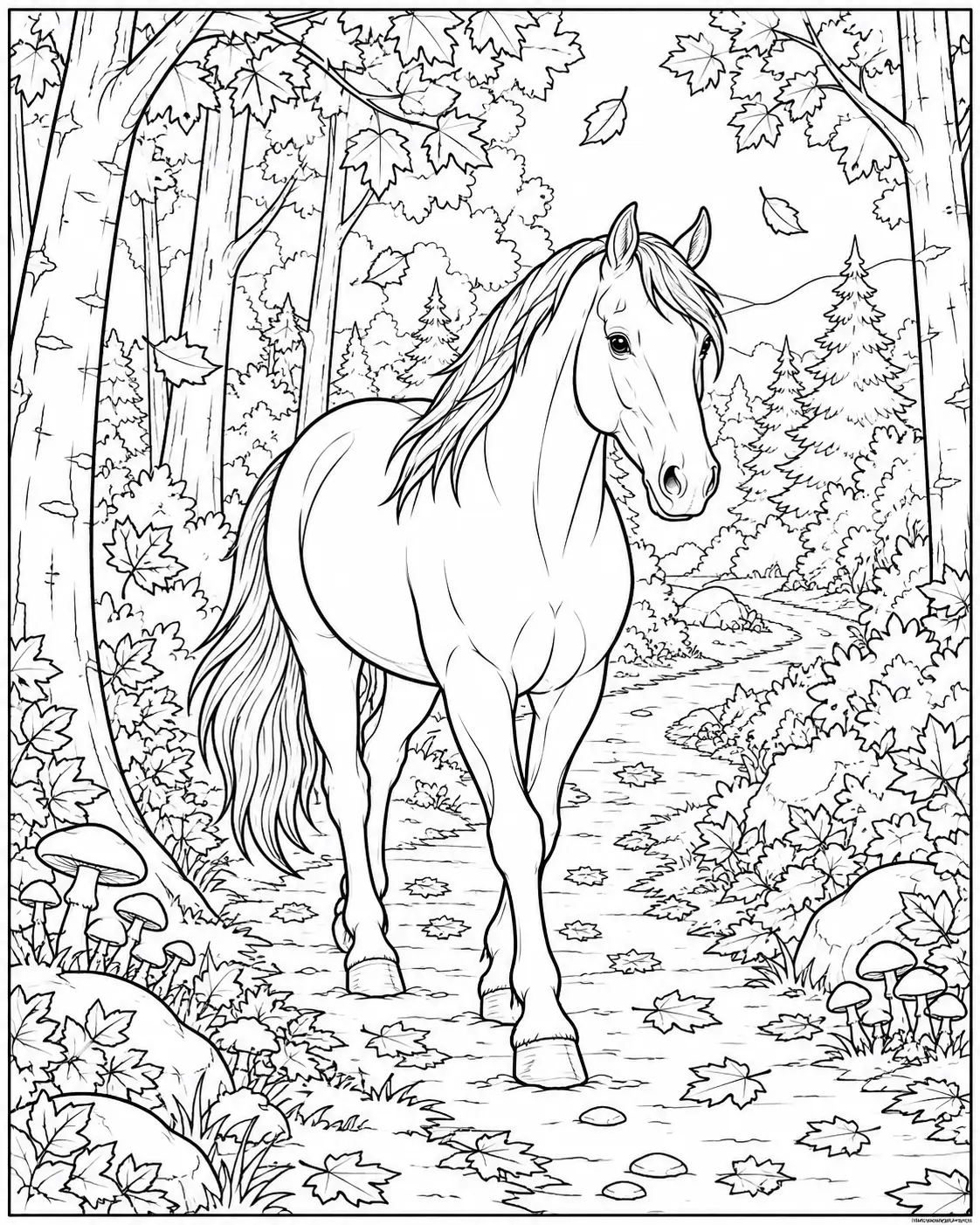 Horse walking along an autumn forest path coloring page