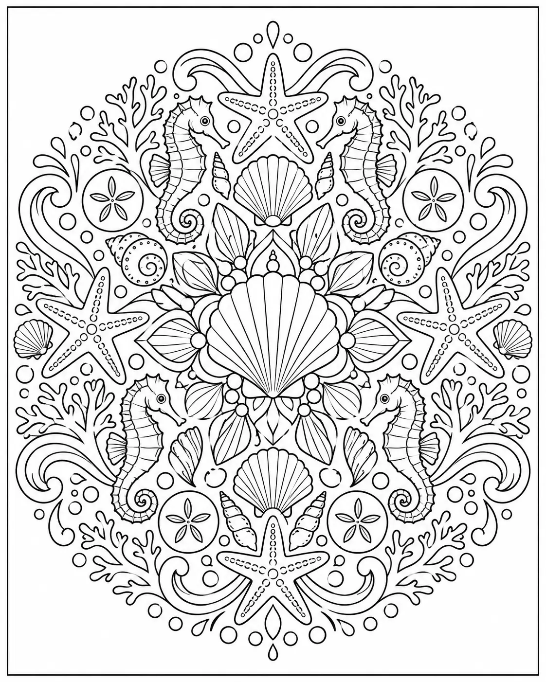 Ocean life mandala with shells and seahorses coloring page