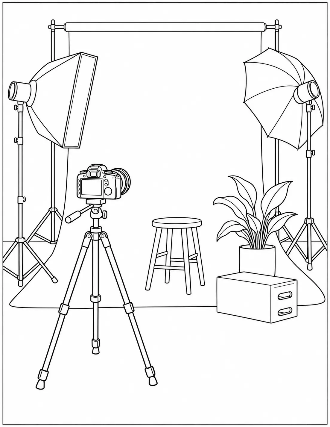 Photography studio coloring page with camera, lights, umbrella, backdrop, stool, and props