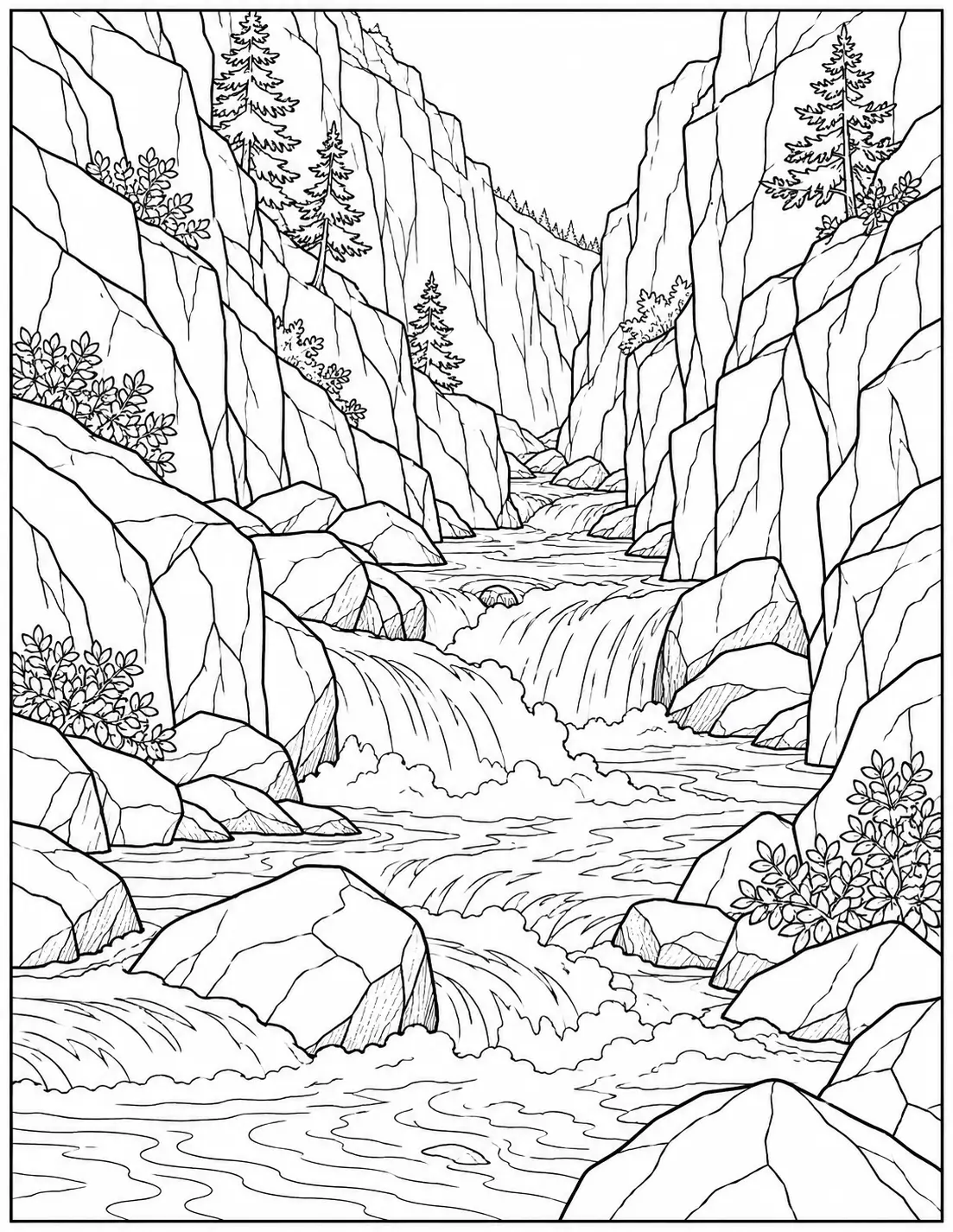Rocky river gorge landscape coloring page