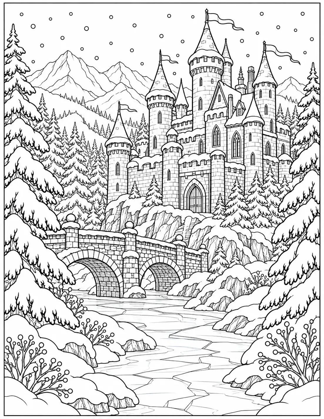 Snowy castle in a pine forest with stone bridge coloring page for adults