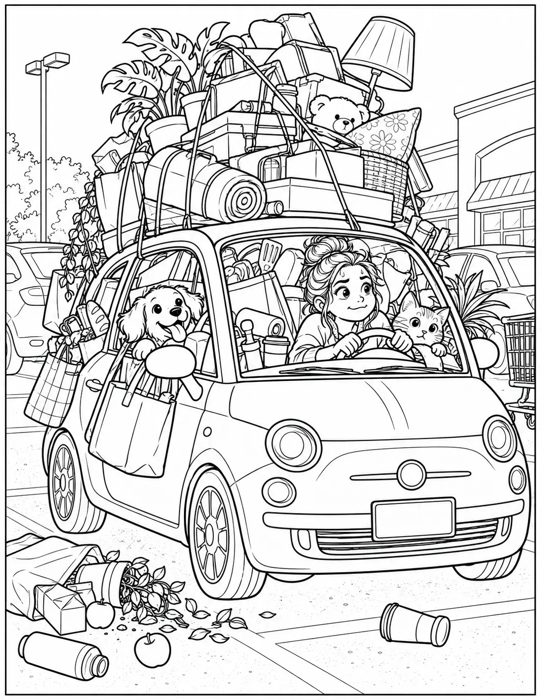 Funny adult coloring page of a tiny car overloaded with bags, plants, and pets