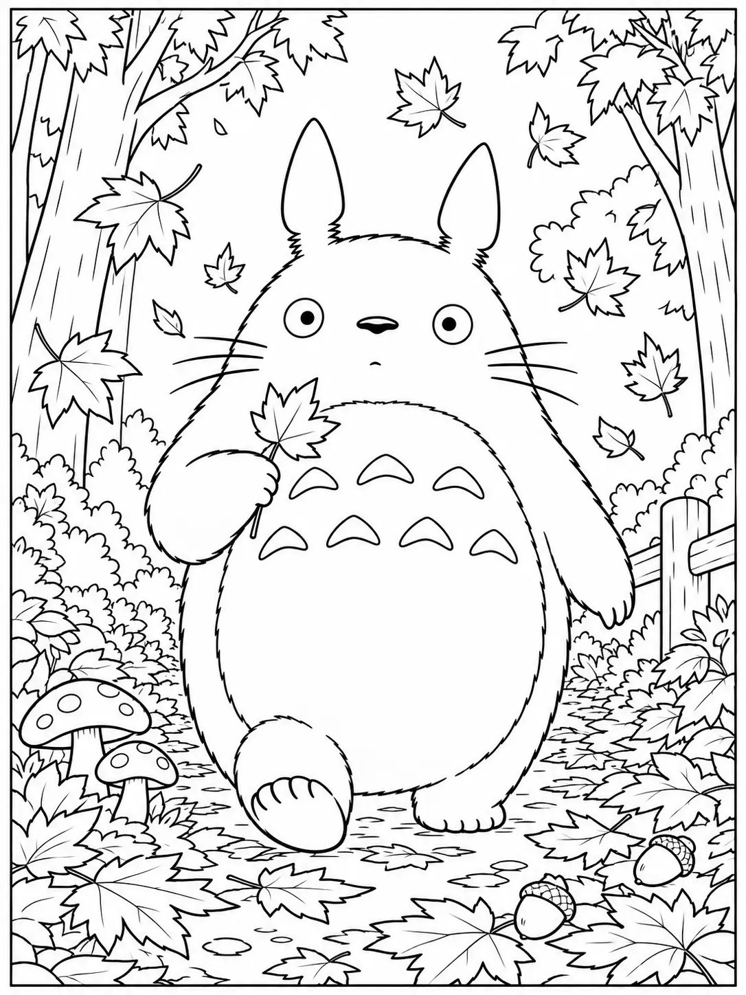 Totoro walking through autumn leaves and acorns coloring page