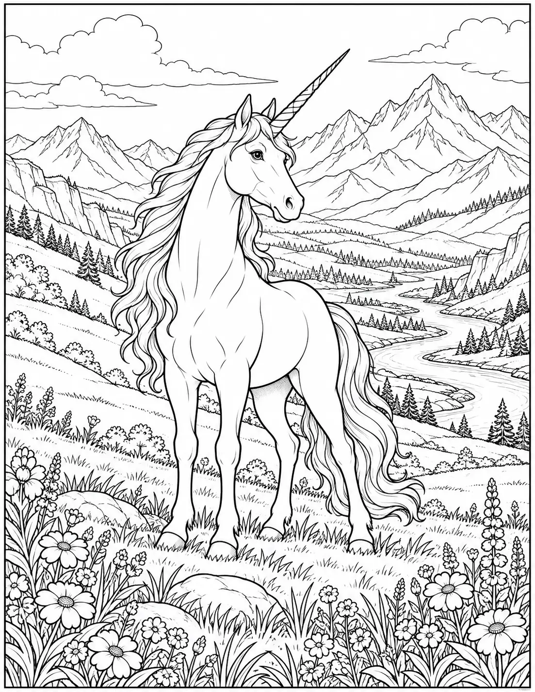 Unicorn overlooking a mountain valley and winding river coloring page for adults