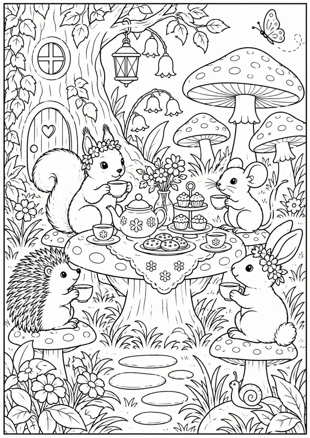 Mushroom tea party coloring page with woodland animals