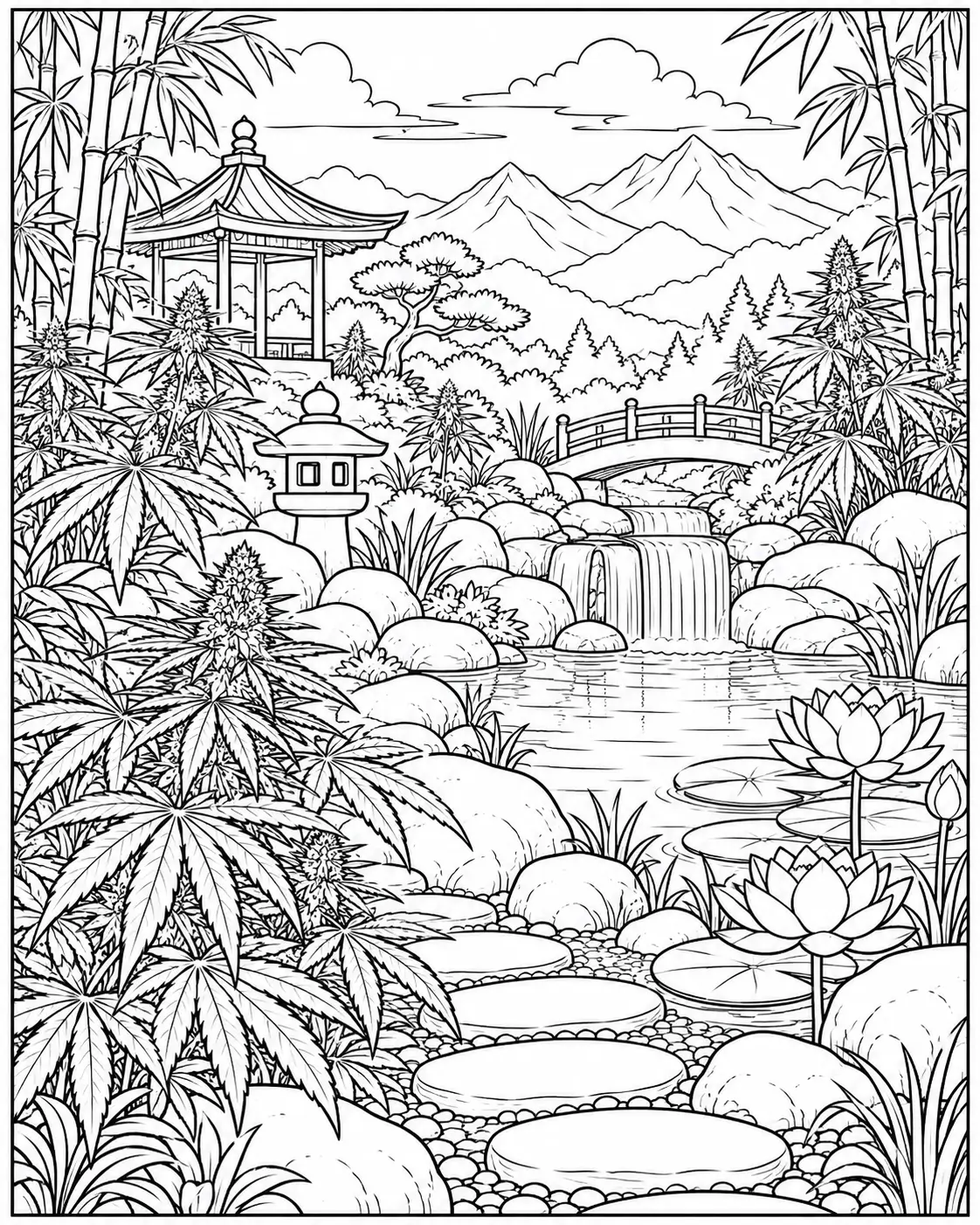 Zen cannabis garden with pond lotus flowers bridge and mountains coloring page