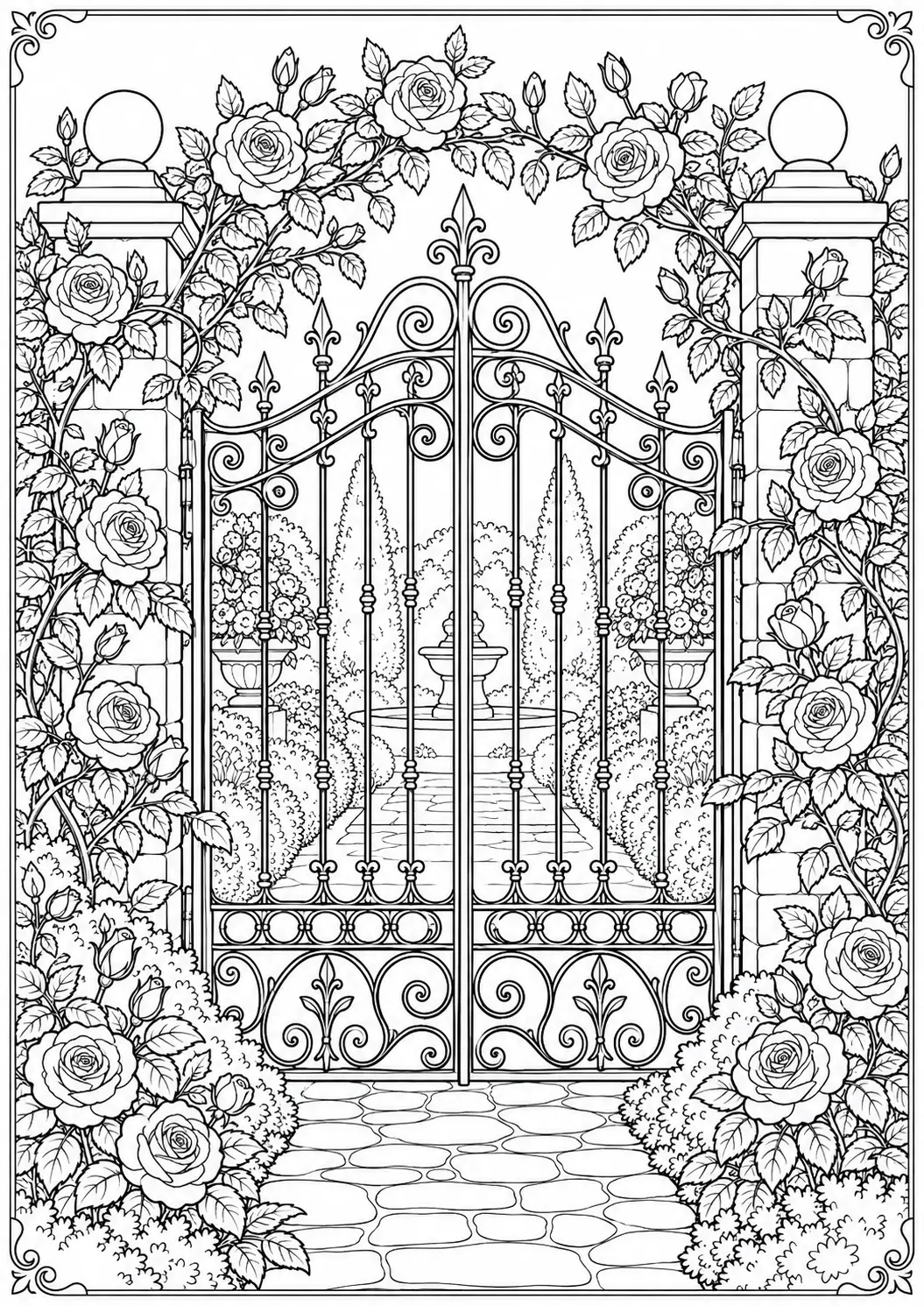 Rose covered garden gate coloring page for adults