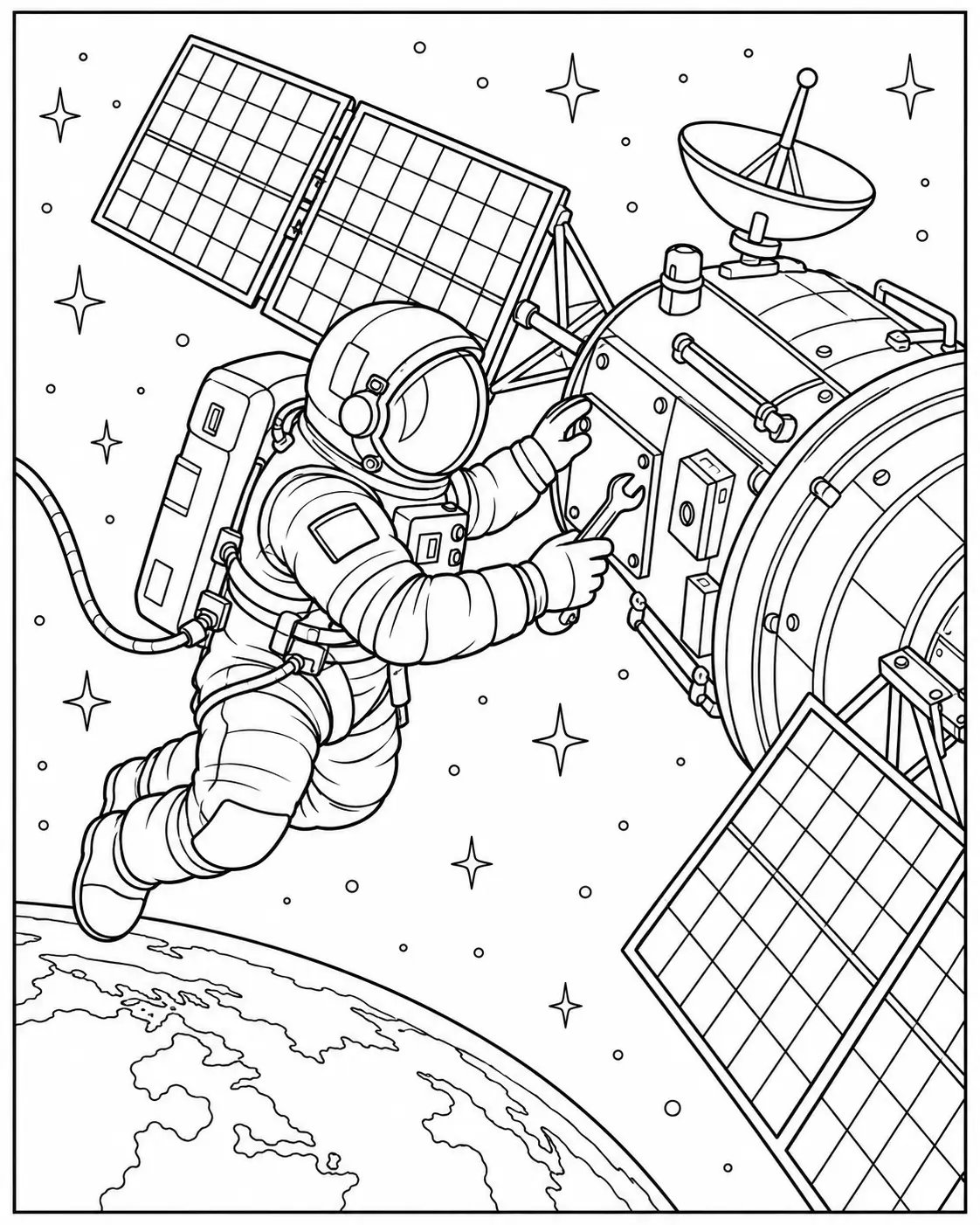 Astronaut repairing a satellite in orbit coloring page