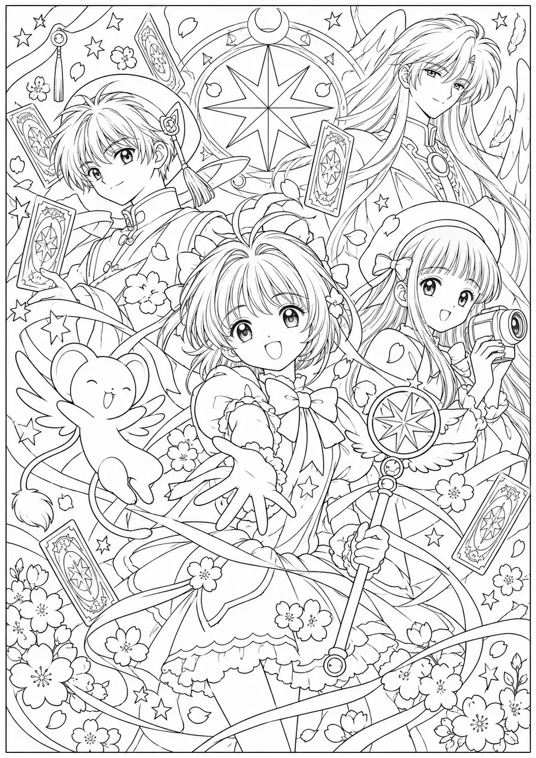 Sakura with Kero, Syaoran, Tomoyo and Yue in a magical celebration scene