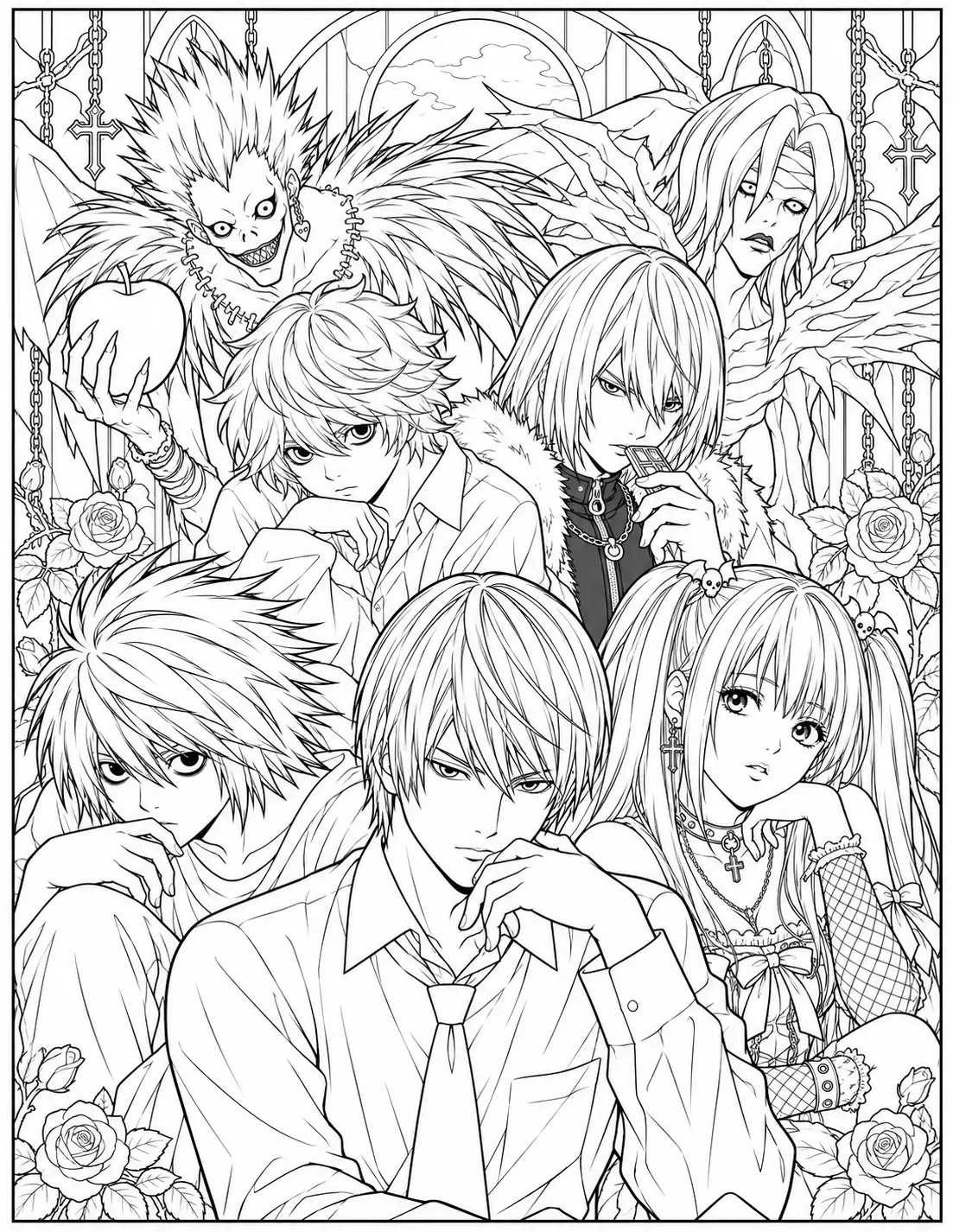 Death Note character group with Light L Misa Ryuk Near Mello and Rem coloring page