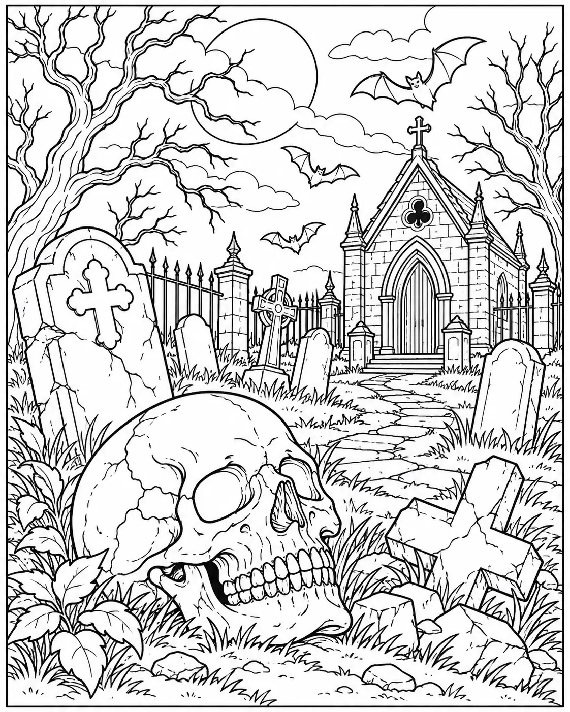 Haunted graveyard skull coloring page for adults