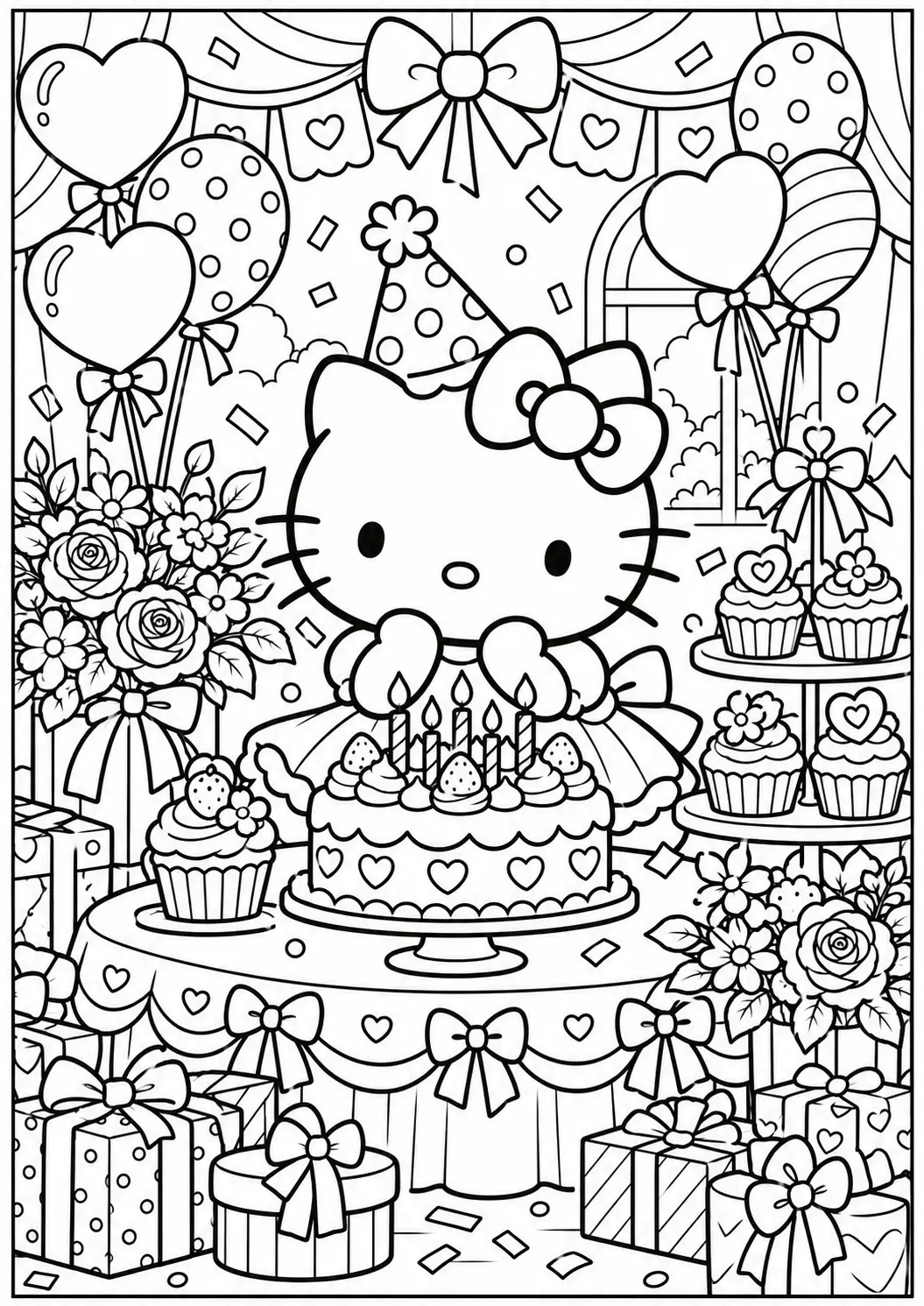 Hello Kitty celebration coloring page for adults