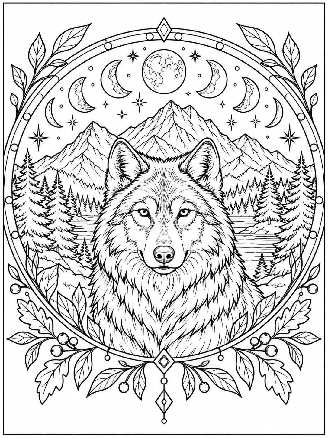 Wolf portrait inside a mountain circle with moon phases, pine trees and leaves coloring page