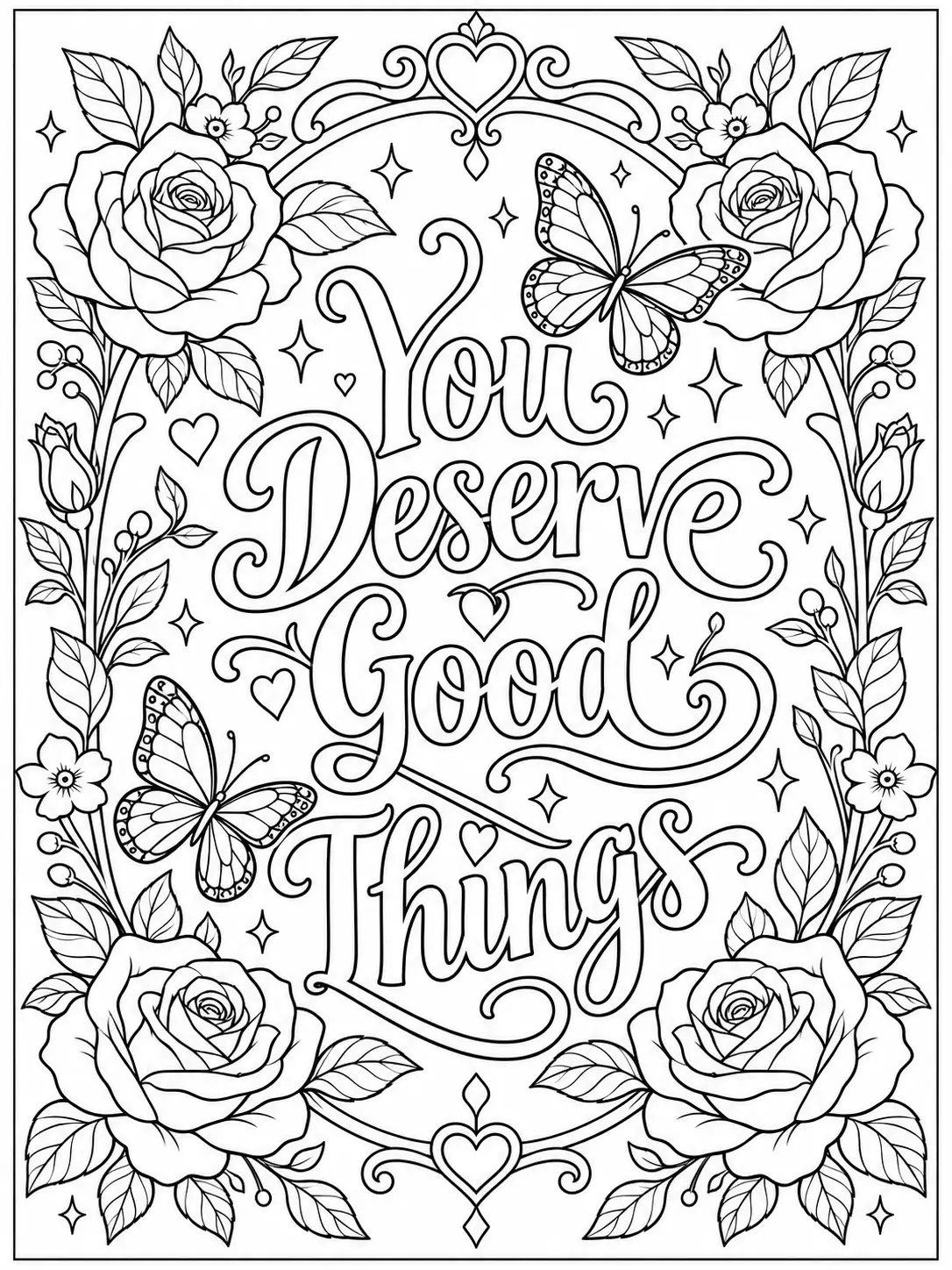 You Deserve Good Things quote coloring page with roses and butterflies