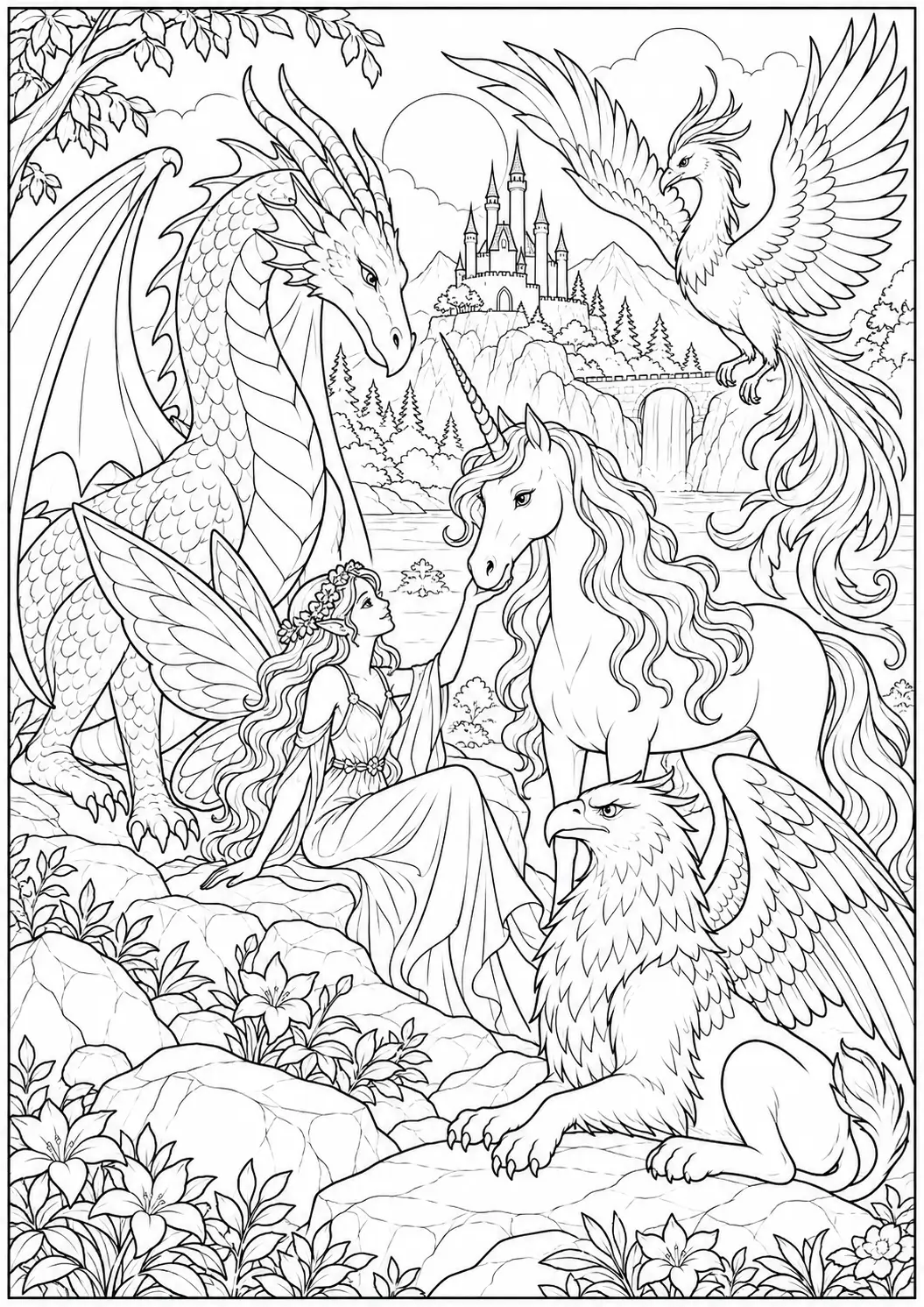 Mythical Creature Gathering coloring page for adults