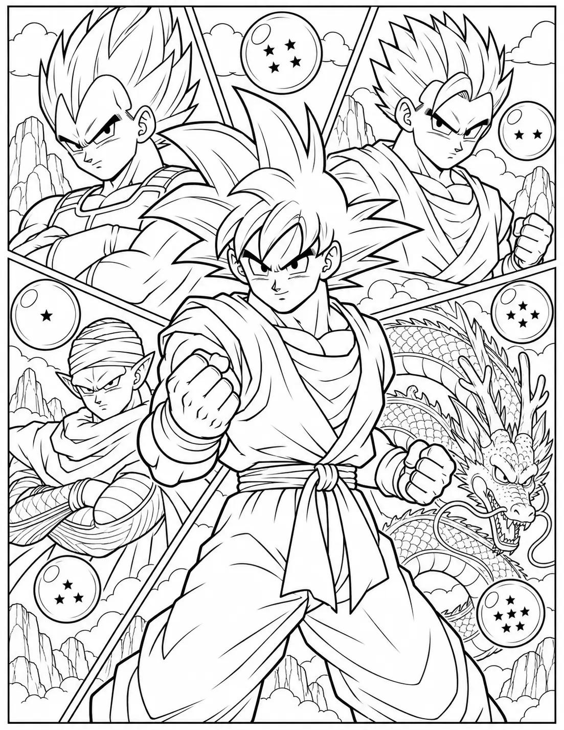 Dragon Ball Z character collage with Goku, Vegeta, Gohan, Piccolo, Shenron and Dragon Balls coloring page