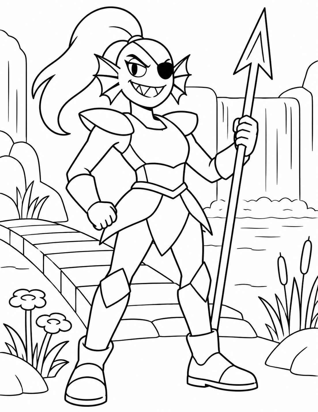Undyne in Waterfall Undertale coloring scene with spear