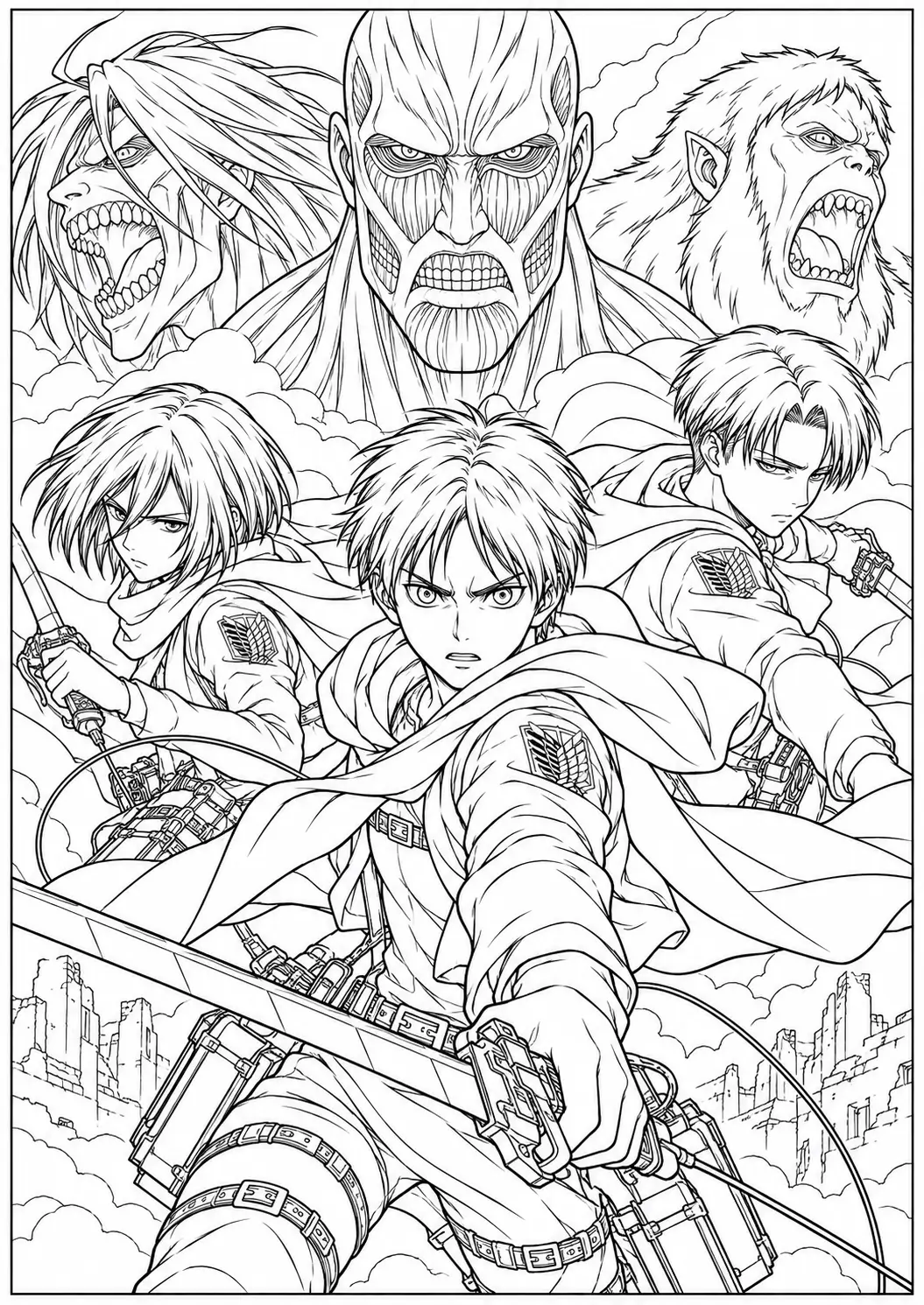 Attack on Titan character collage coloring page