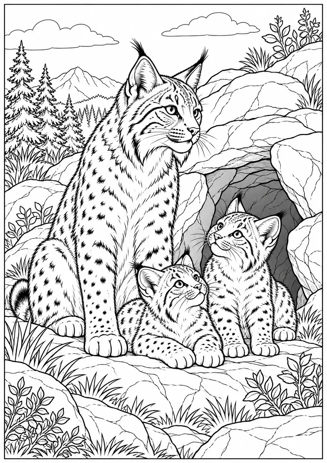 Mother bobcat with two kittens beside a rocky den coloring page