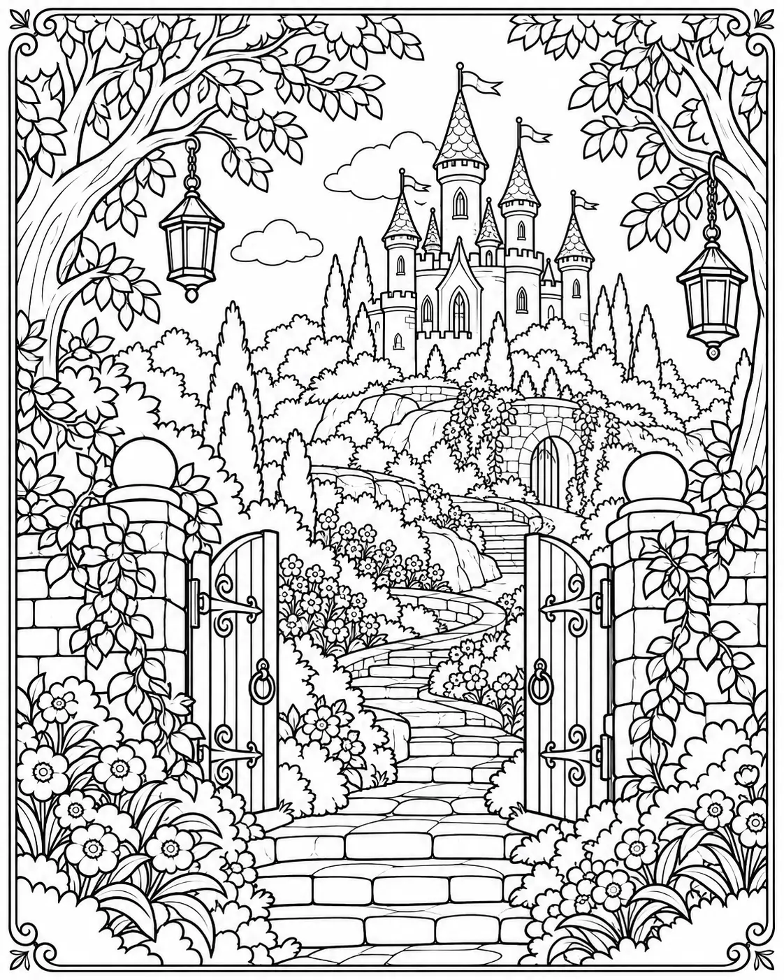 Secret garden path with lanterns and flowers leading to a distant castle coloring page