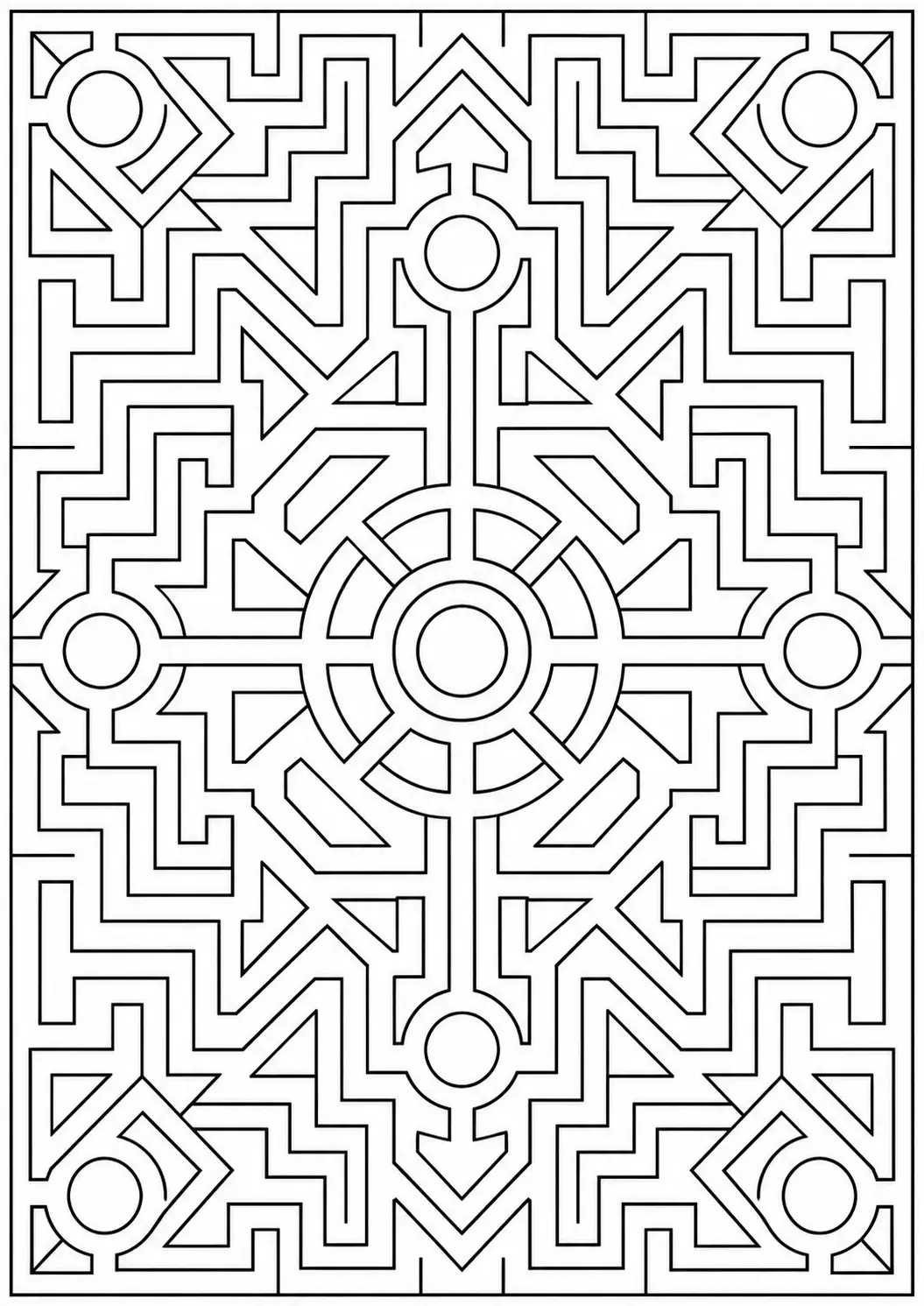 Complex geometric maze coloring page for adults
