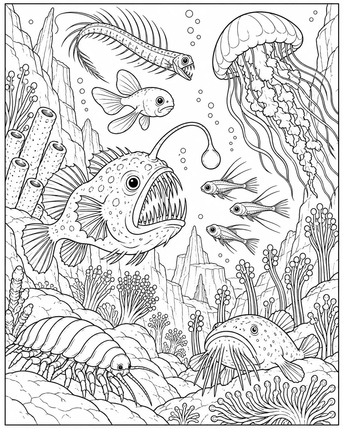 Deep sea creatures underwater coloring page