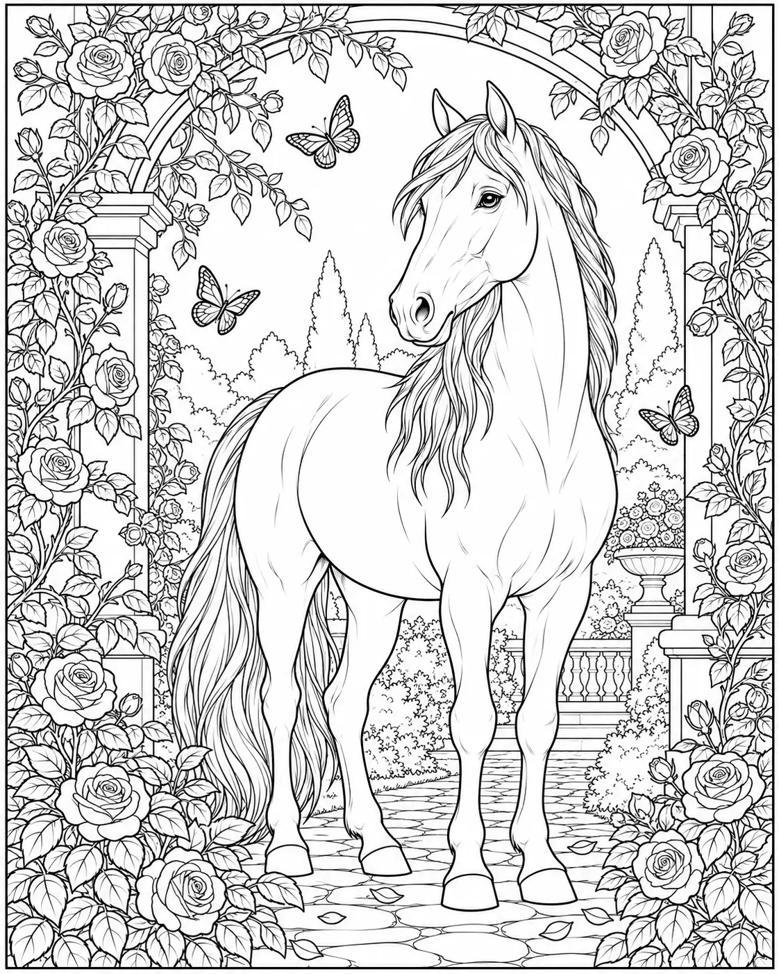 Horse standing beneath a rose-covered garden arch coloring page