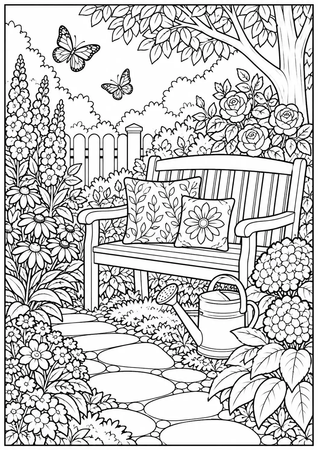 Relaxing garden bench coloring page for adults with flowers, a watering can, stepping stones, and butterflies