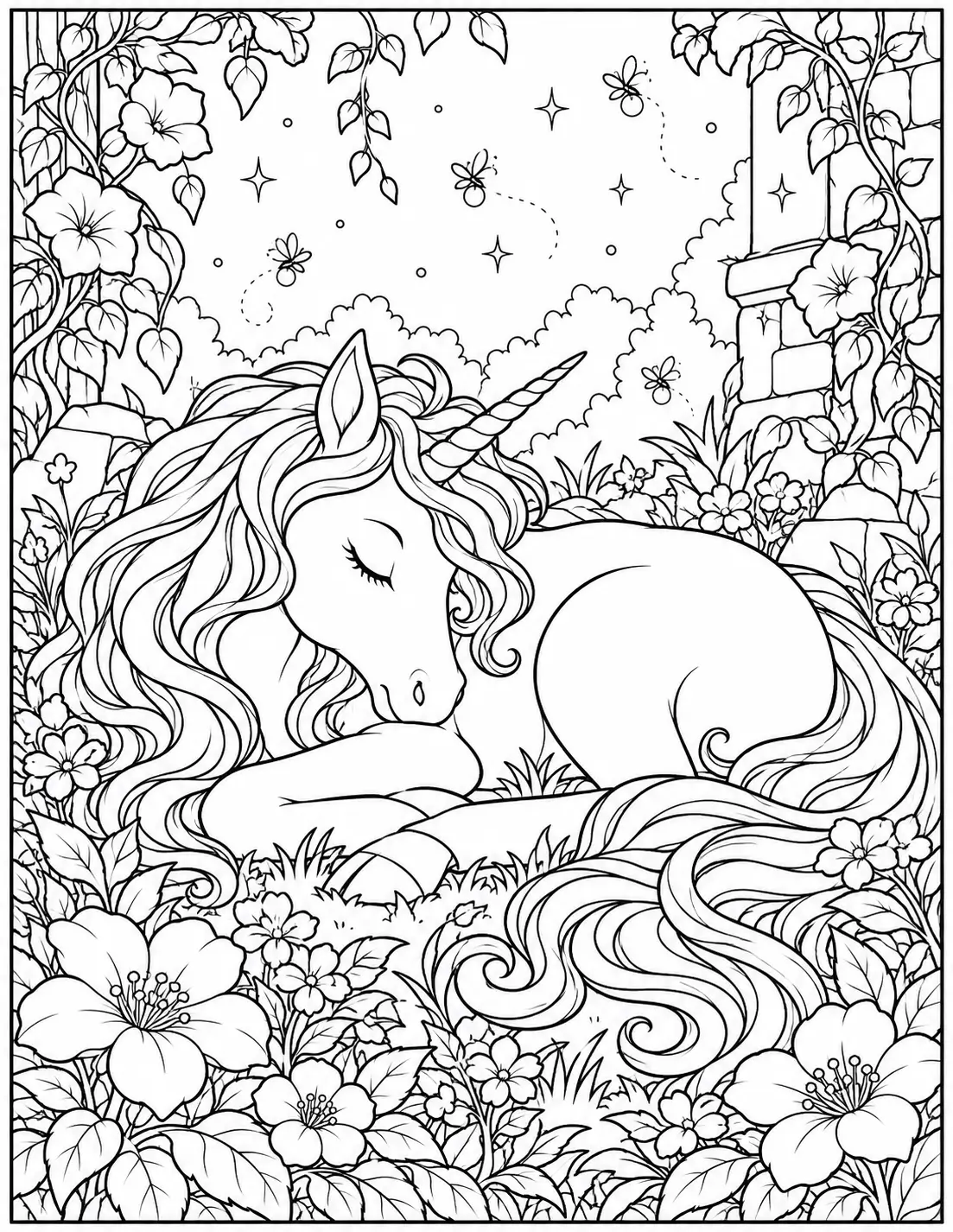Sleeping unicorn curled up in a flower garden coloring page for adults