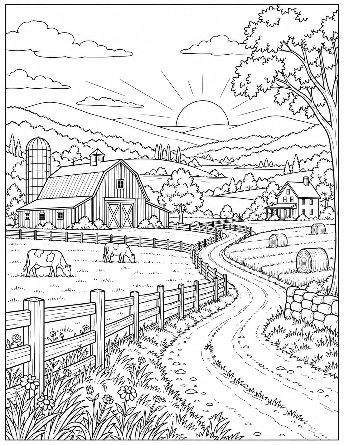 Sunset farm valley landscape coloring page