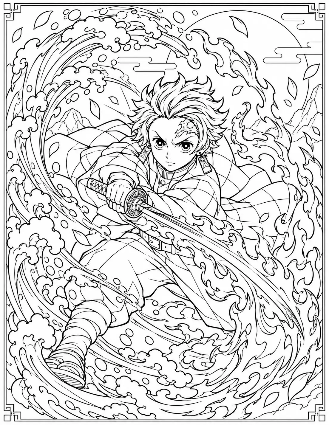 Tanjiro Kamado using a water and flame sword attack coloring page