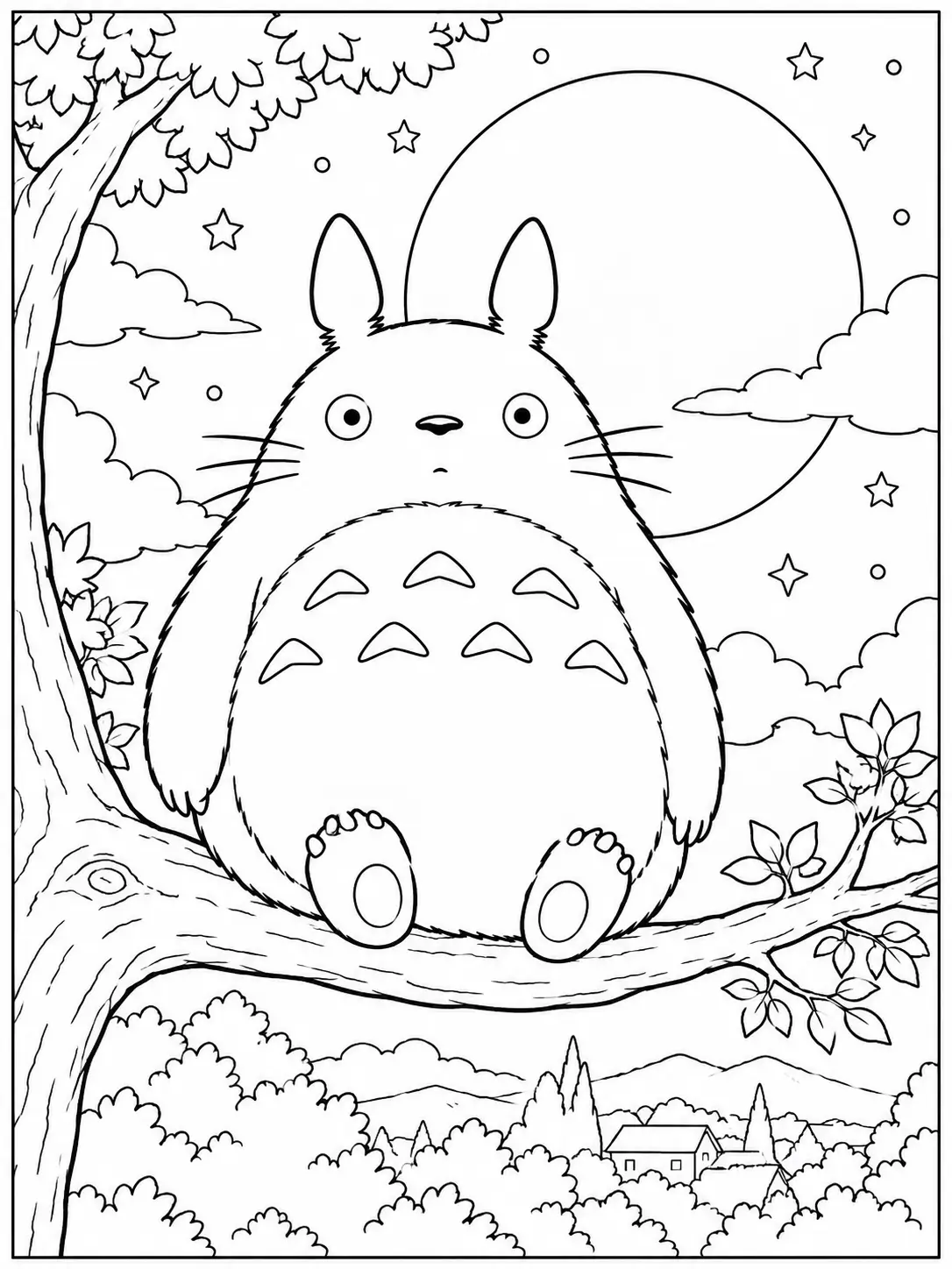 Totoro sitting on a tree branch under the moon and stars coloring page