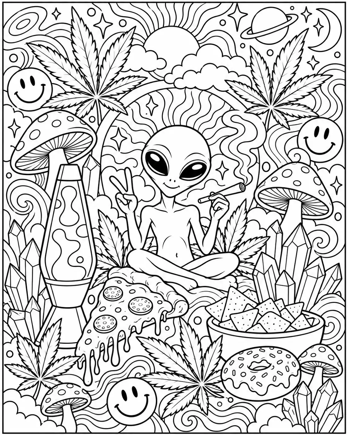 Ultimate stoner collage with alien snacks mushrooms and cannabis leaves coloring page