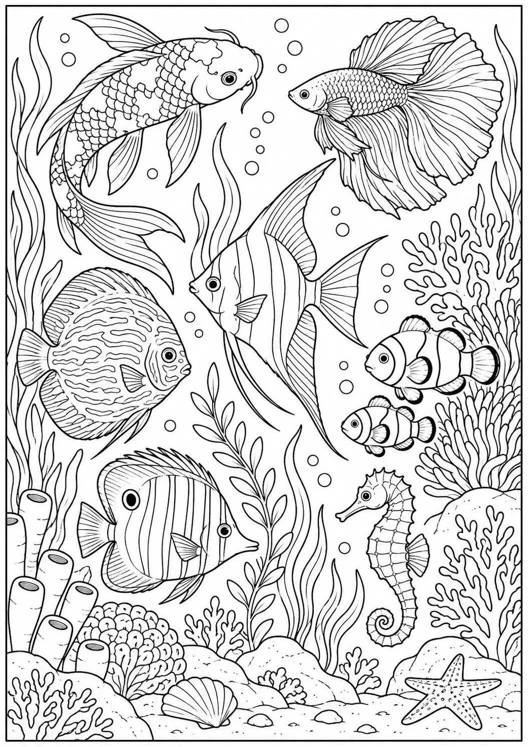 Collection of different fish in an underwater reef coloring page for adults