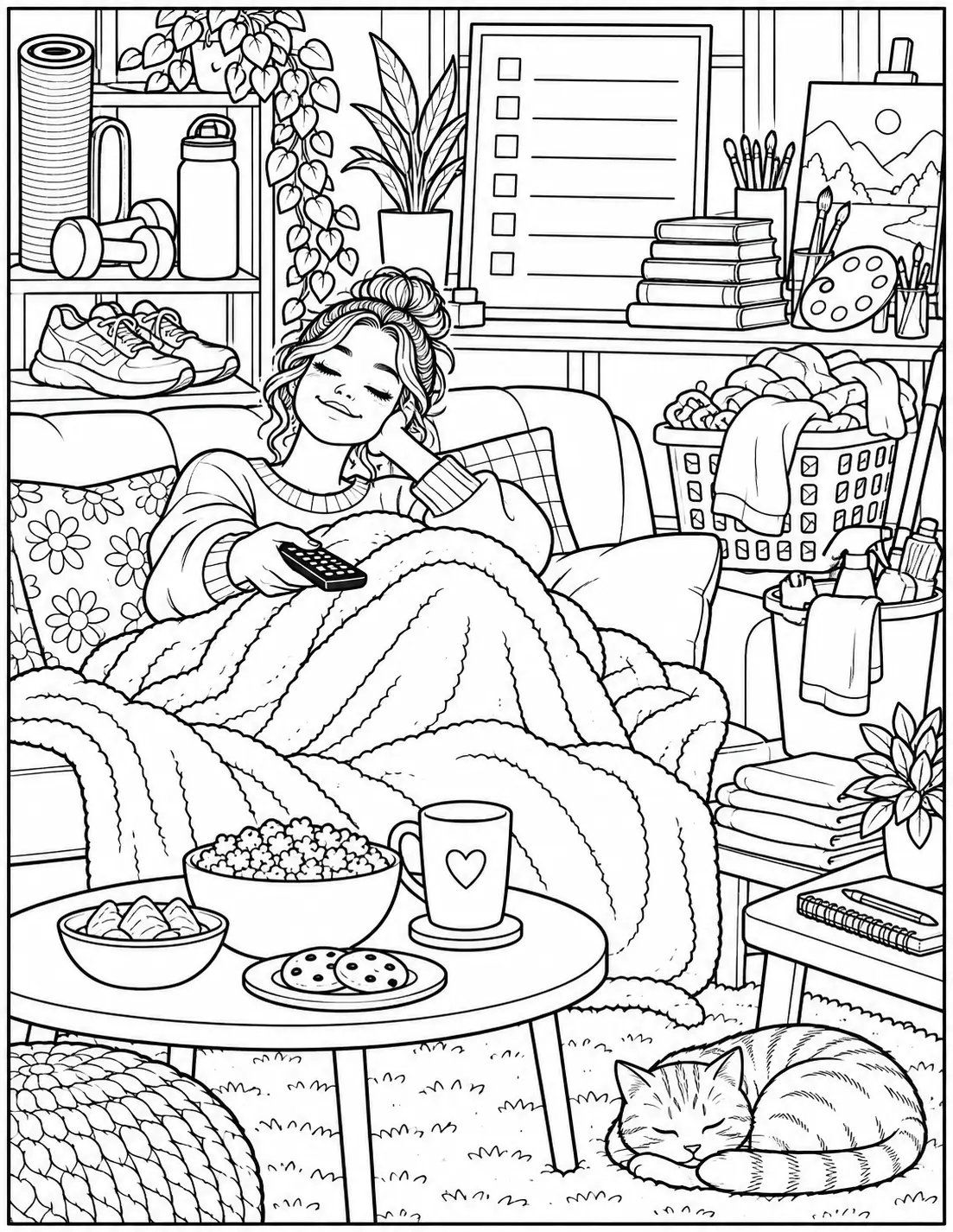 Funny adult coloring page of a woman relaxing on the couch while weekend chores wait