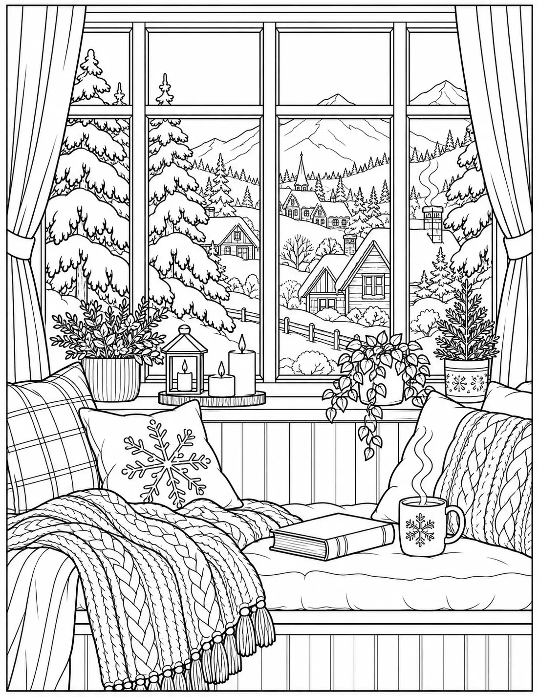 Cozy winter window seat overlooking a snowy village coloring page for adults